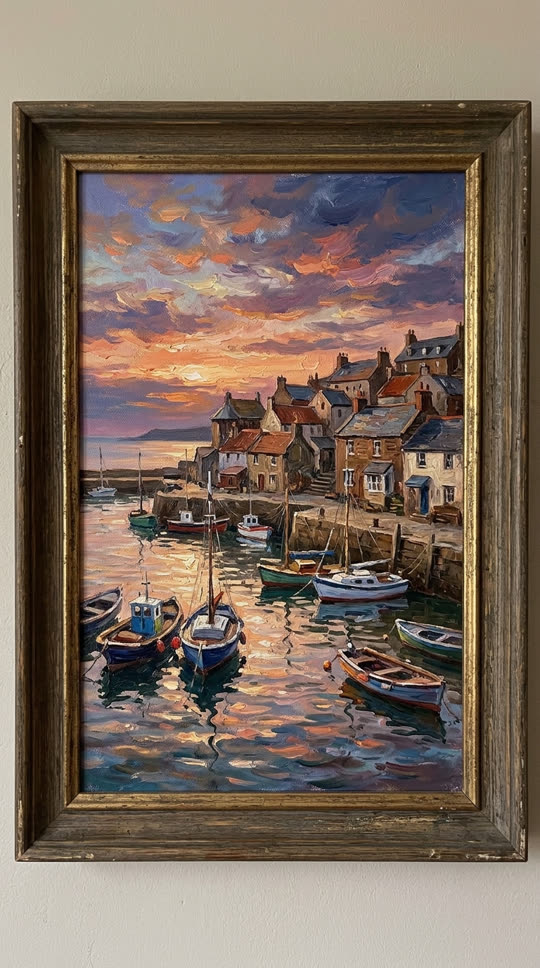 Example photo: a framed impressionist painting of a seaside village at sunset