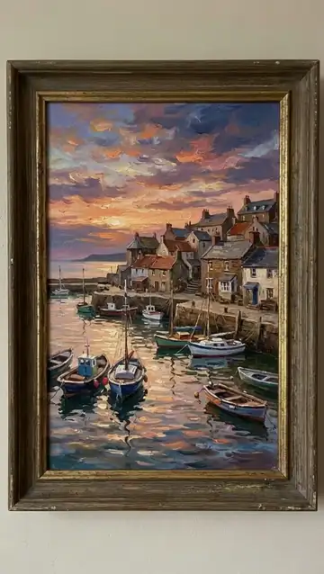 The painting comes alive: clouds drift and the village windows light up