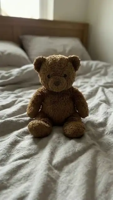 The teddy bear bursts into colorful confetti that rains onto the bed