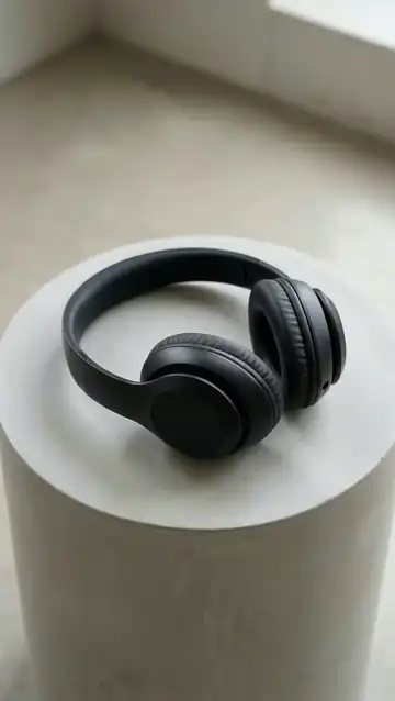 The headphones slowly rotate on the pedestal under soft studio light