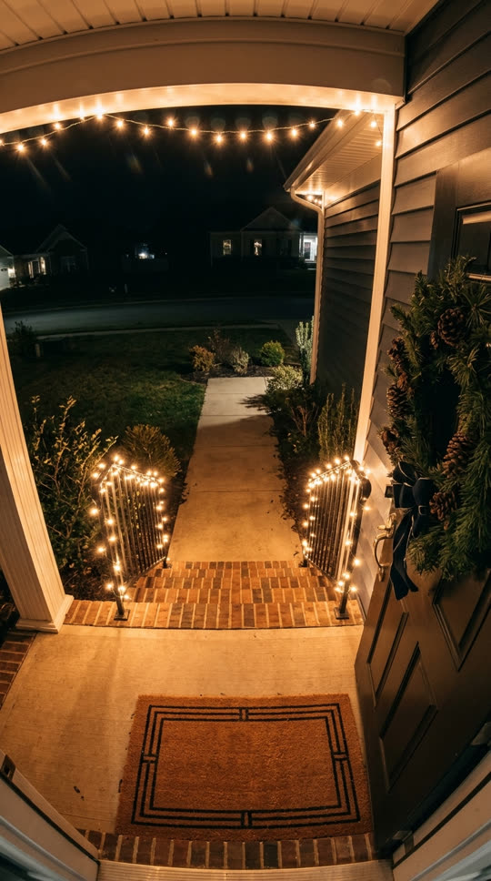 Example photo: a decorated front porch at night, seen from doorbell height