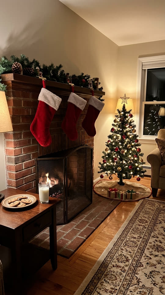 Example photo: a brick fireplace with stockings and a plate of cookies and milk
