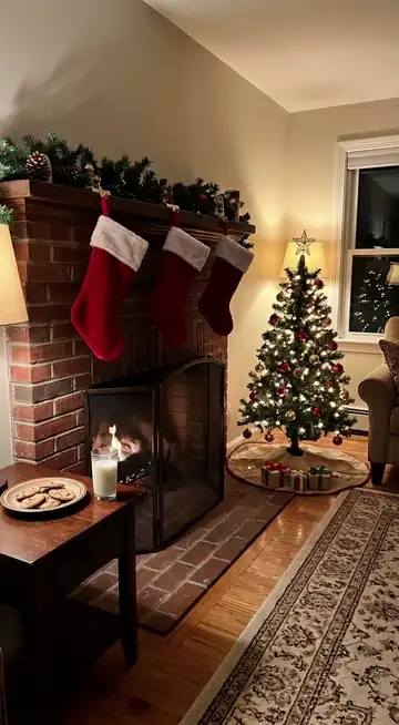 Santa climbs out of the fireplace, takes a bite of a cookie and winks at the camera