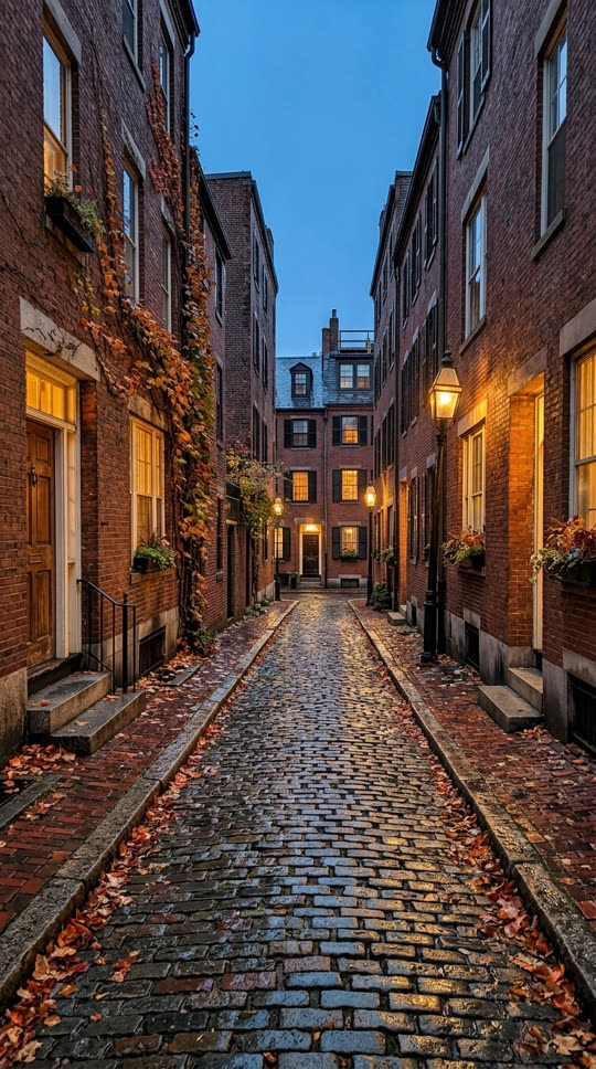 Example photo: a cobblestone street with brick houses on an autumn evening