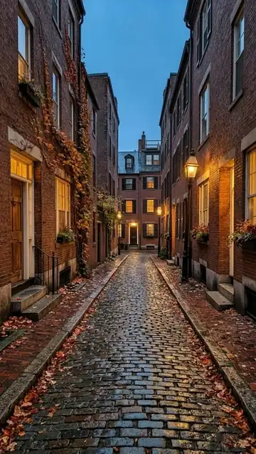 Snow falls on the cobblestone street and covers it in white