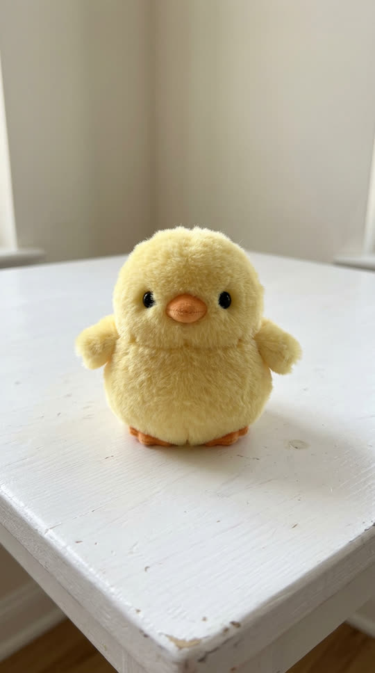 Example photo: a yellow plush toy chick on a white table