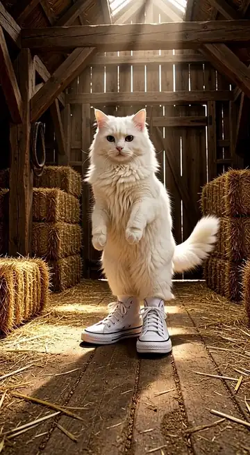 The white cat tiptoes through a straw barn in oversized high-top sneakers