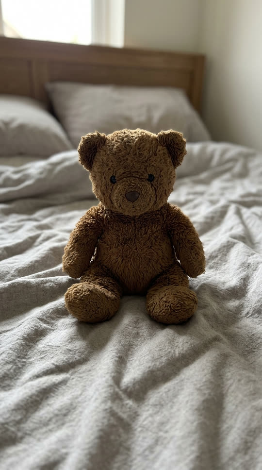 Example photo: a brown teddy bear sitting on a bed