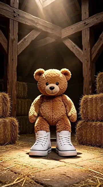 The teddy bear tiptoes through a straw barn in oversized high-top sneakers
