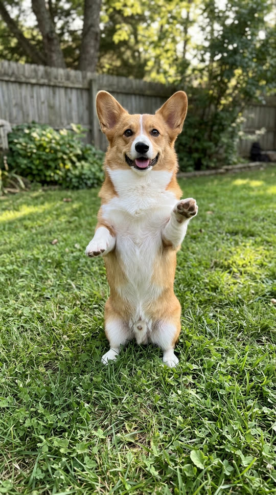 Example photo: a corgi standing on its hind legs on a backyard lawn