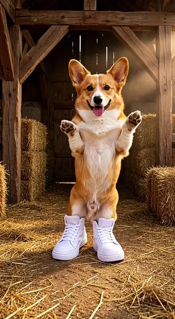 The corgi tiptoes through a straw barn in oversized high-top sneakers